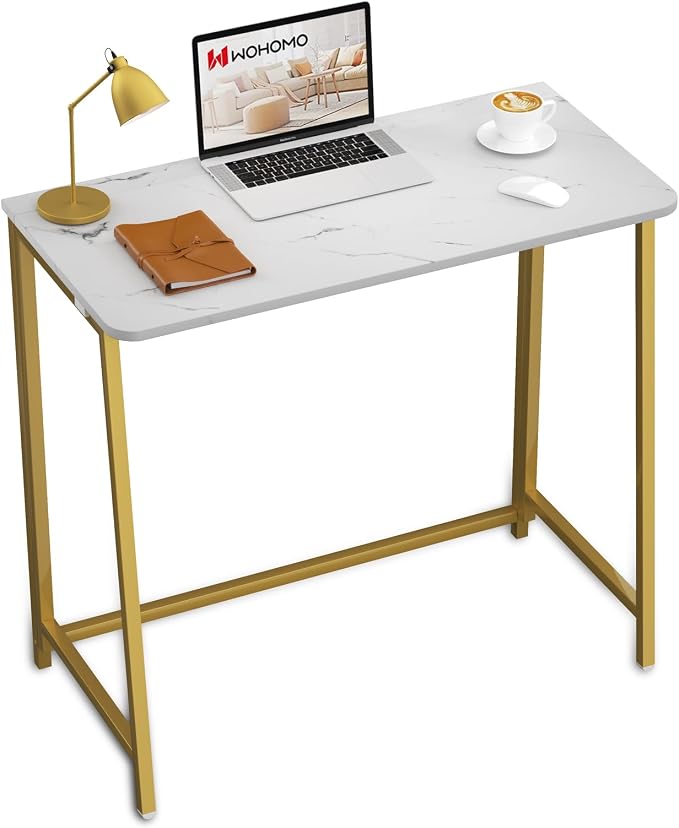 WOHOMO White Faux Marble Folding Desk, 31.5" Small Desk by WOHOMO