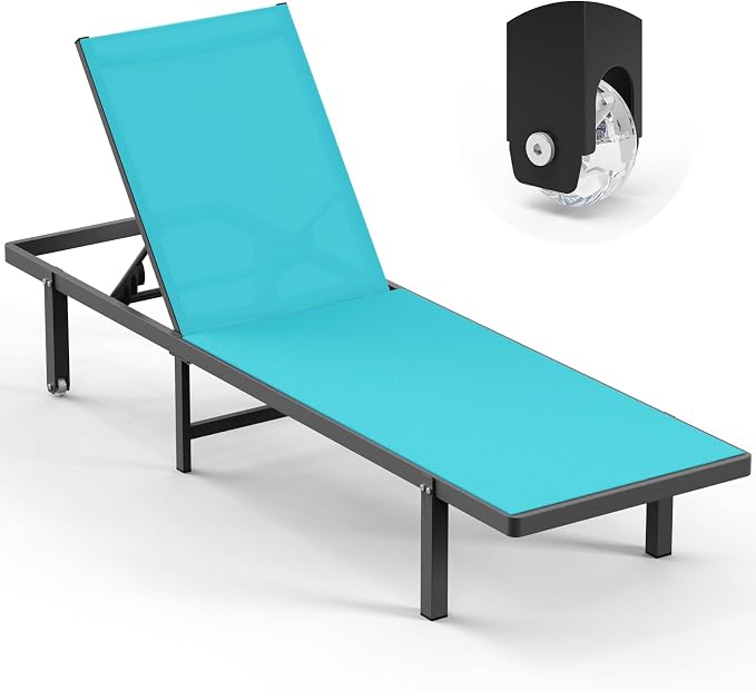Lounge Chair Outdoor with Wheels, Aluminum Patio Chaise Lounge Chair with 5 by Oasbira