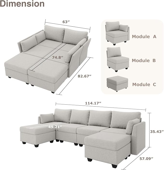 Huatean Home 114.17" Modular Sectional Sofa, 6 Seat Modular Couch - Image 2