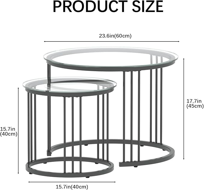 Garden 4 you Nesting Coffee Table, 23.6" Round Coffee Table Set of 2, Glass - Image 2