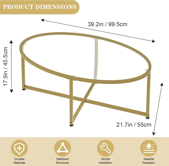 Wolawu Coffee Table Gold Oval Glass Coffee Tables - Image 2