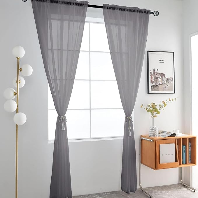 SpaceDresser Grey Sheer Curtains 4 Panels Rod Pocket Semi-Sheer Curtain 108 - Image 3