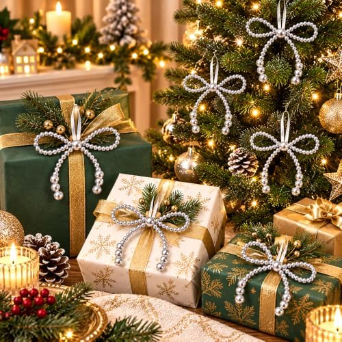 DIYDEC 18PCS Christmas Pearl Bow Ornament 4.5in Tree Topper Hanging Decor - Image 7