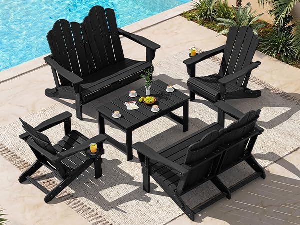 SERWALL 5 Pieces HDPE Patio Adirondack Chair Set, 2 Adirondack Chair by SERWALL