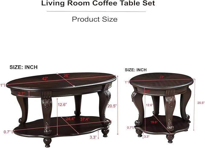 Solid Wood Coffee Table Set for Living Room, Coffee Table & 2 End Side Table - Image 2