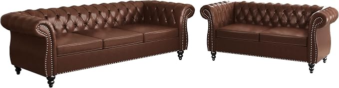 ORRD 2 Piece Living Room Set, Chesterfield Leather Sofa Loveseat Couch by ORRD