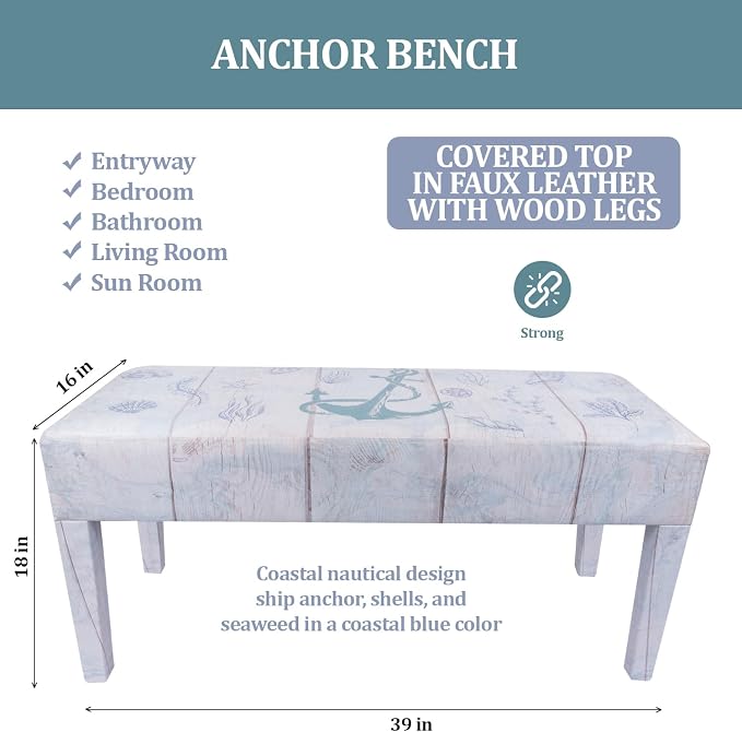 Indoor Coastal Bench Faux Leather Anchor Design - Image 3