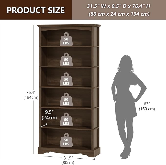 TVU 6-Tier Wooden Bookshelf, 76 Inch Tall Bookshelf - Image 3