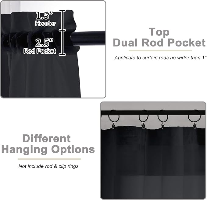 Black Kitchen Curtains 30 Inch Length Tier 2 PCS, Solid Soft Airy Half Curtains - Image 4