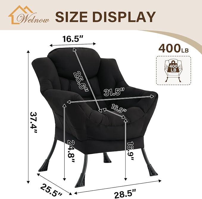 Welnow Black Single Lazy Chair for Living Room, Modern Reading Accent Chair - Image 3
