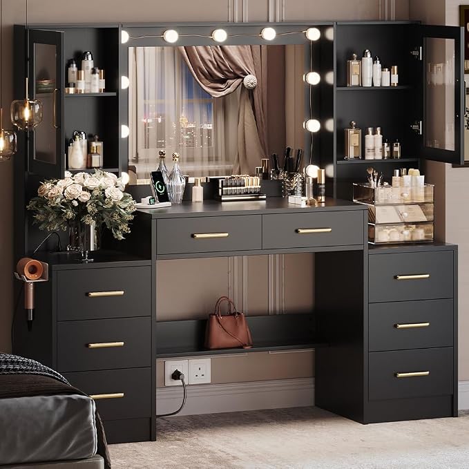 TOKSOM Black Vanity Desk with Mirror, Lights & Charging Station, 58.3" 3 by TOKSOM