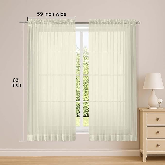 Sheer Cream Curtains, Sheer Curtains 63 inch Length 2 Panels Set, Rod Pocket - Image 2