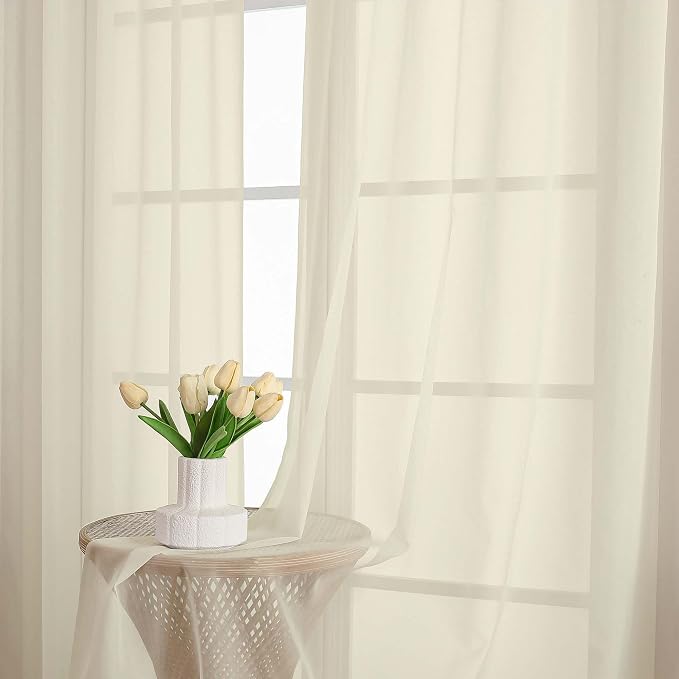 Cream Sheer Curtains 63 Inch Length 2 Panels, Rod Pocket Light Filtering - Image 8