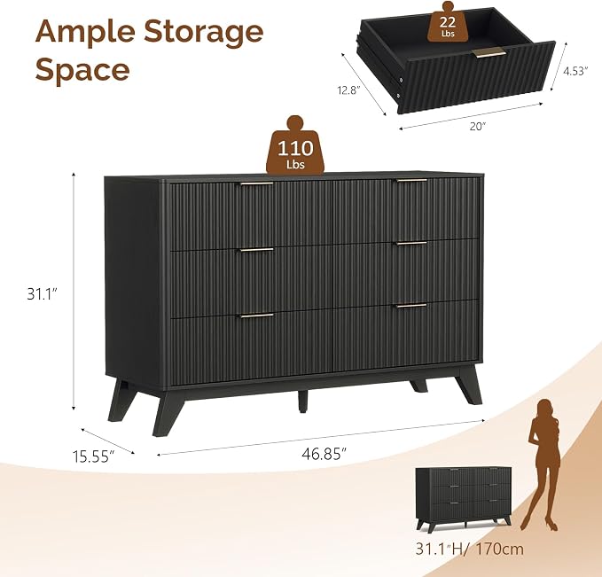 VINGLI Black Fluted 6 Drawer Dresser - Image 2