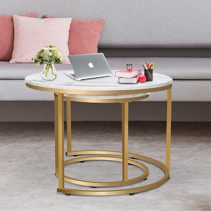 aboxoo Coffee Table Nesting White Set of 2 Side Set Golden Frame Circular Round - Image 10