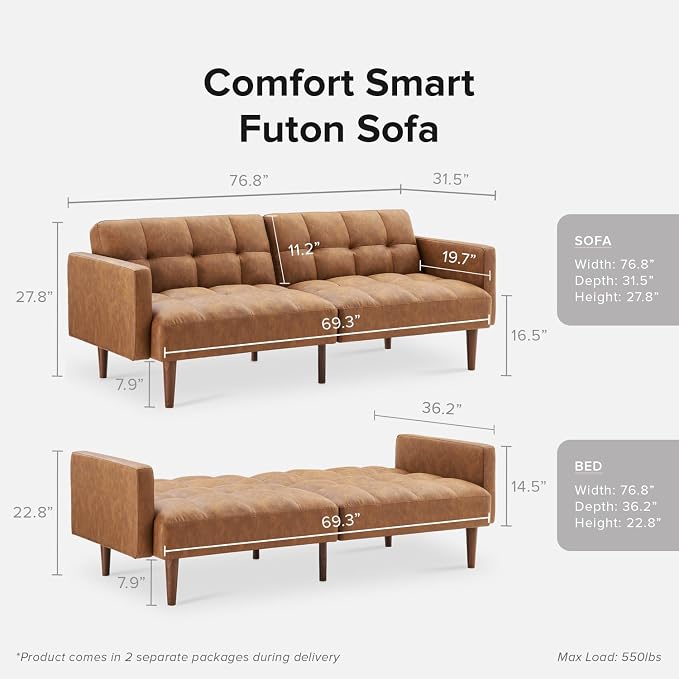 mopio 76.4" Futon Sofa Bed, Sleeper Sofa, Mid Century Modern Futon Couch - Image 2