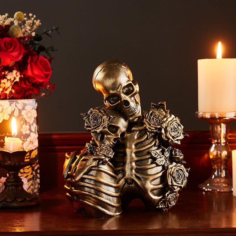 Halloween Skeleton Decor, Gothic Skeleton Couple Resin Statue with Roses - Image 2