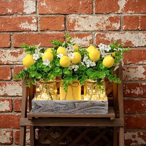 Summer Lemon Mason Jar Centerpiece Set of 3 with Wood Tray - Image 6