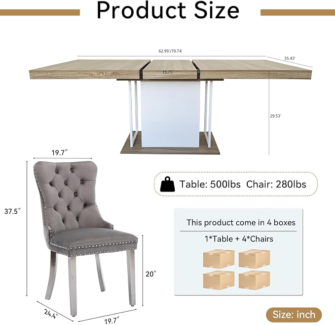 Henf 63"-79" Dining Table Set for 4, 5 Pieces Extendable Dining Table and 4 - Image 7