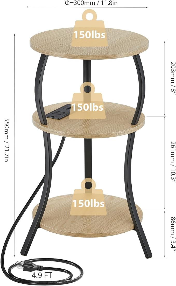 Small Round Side Table with Charging Station, 3-Tier Waist Circular End Table - Image 3