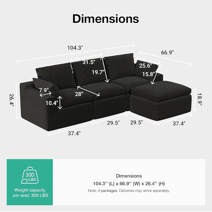 Novilla 104.3" Modular Cloud Couch, Modern Sectional Sofa - Image 2