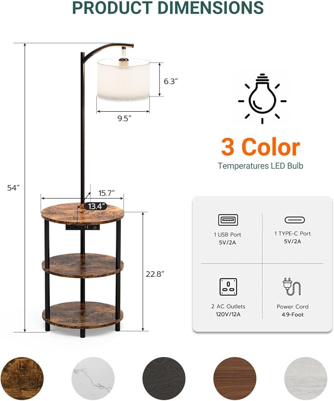Round Side Table with Lamp and USB Ports, 3-Tier Small End Table - Image 3