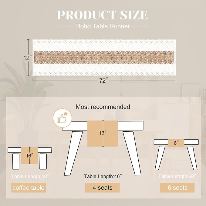 FEXIA Boho Table Runner for Home Coffee Decor 72 Inches Long Farmhouse Rustic - Image 2