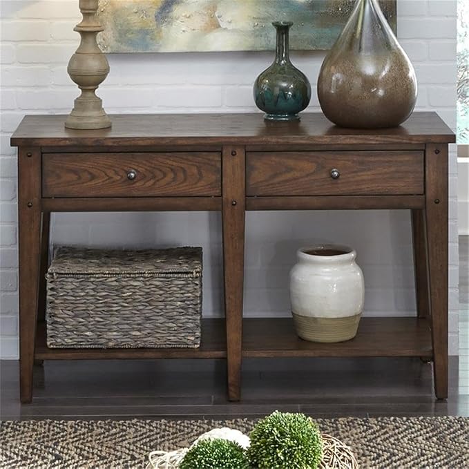 MAKLAINE Wood Transitional Sofa Table, Dark Brown Oak Finish, Poplar Solids and - Image 2