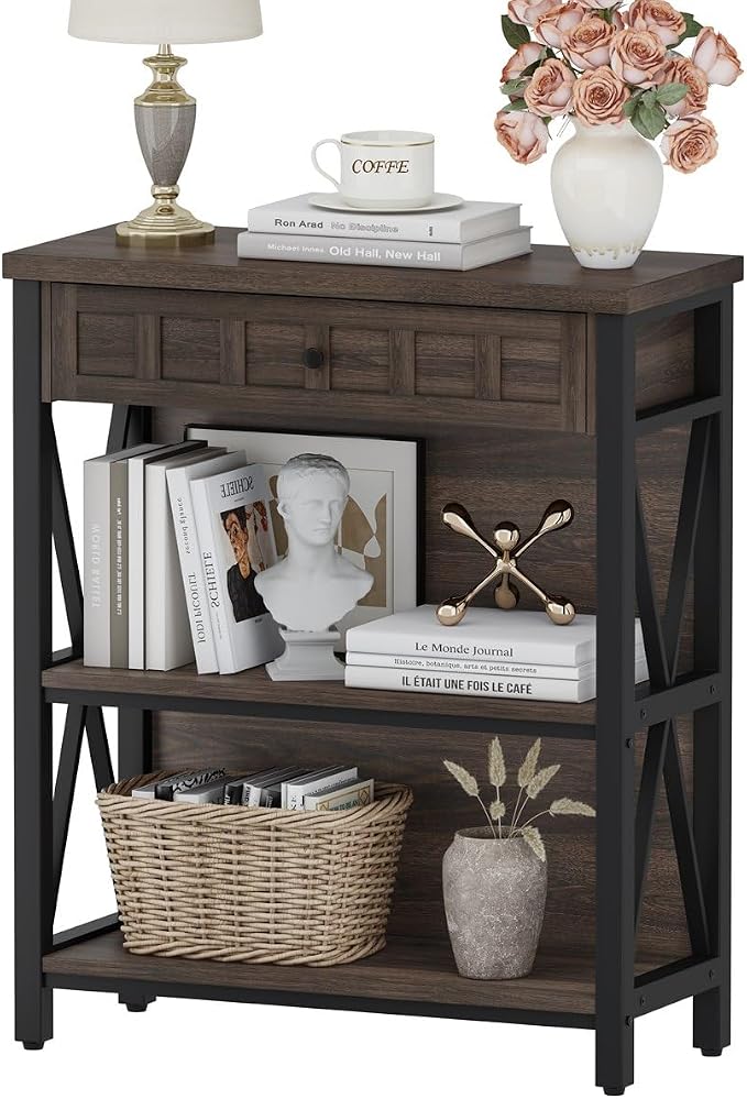 FATORRI Small Bookcase with Drawer, Industrial 3 Shelf Bookshelf, Wood and - Image 8