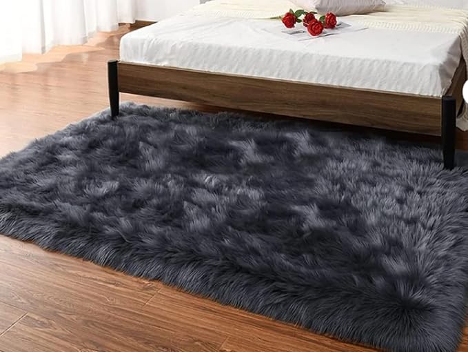 Latepis Dark Gray Faux Fur Rug 3x4 Area Sheepskin Rug - Image 7