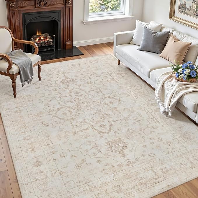 5x7 Area Rugs Living Room: Bedroom Washable Carpet Warm Beige | Vintage Boho - Image 3