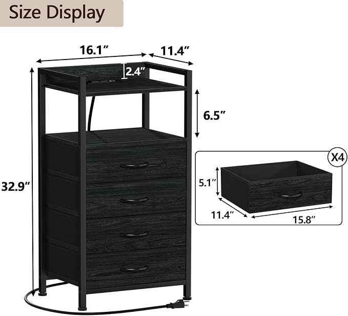 Furnulem Night Stand with Charging Station, Tall Dresser - Image 3