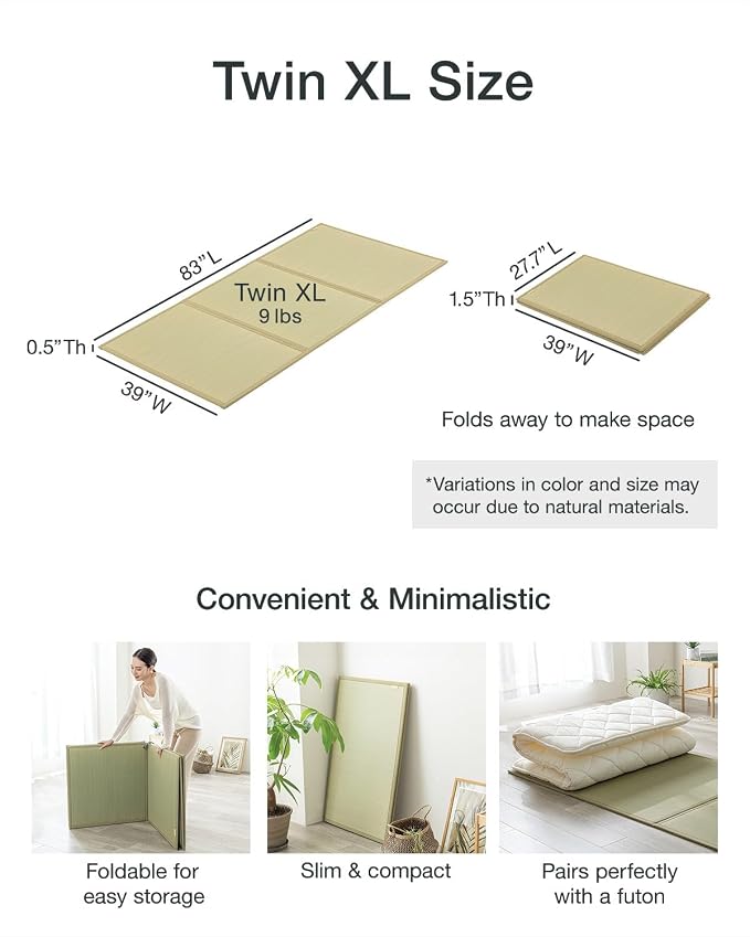FULI Japanese Tatami Mattress, Foldable Igusa Rush Grass Tatami Rug, Natural - Image 2