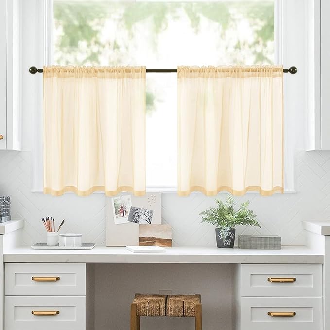 MIULEE Cream Beige Short Sheer Curtains 2 Panels, 29 x 30 Inches | Rod Pocket - Image 7