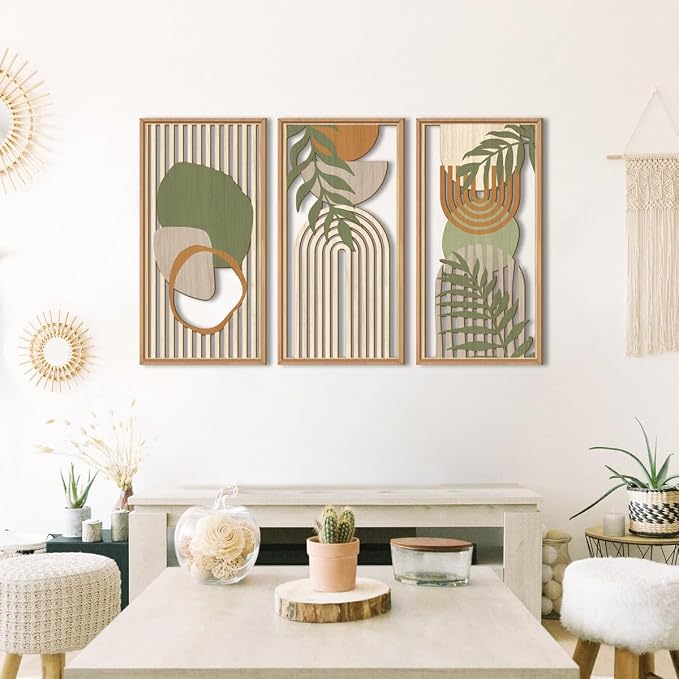 IARTTOP Large Boho Mid-century Modern Wood Wall Art 16x32 Inch Framed Green - Image 7