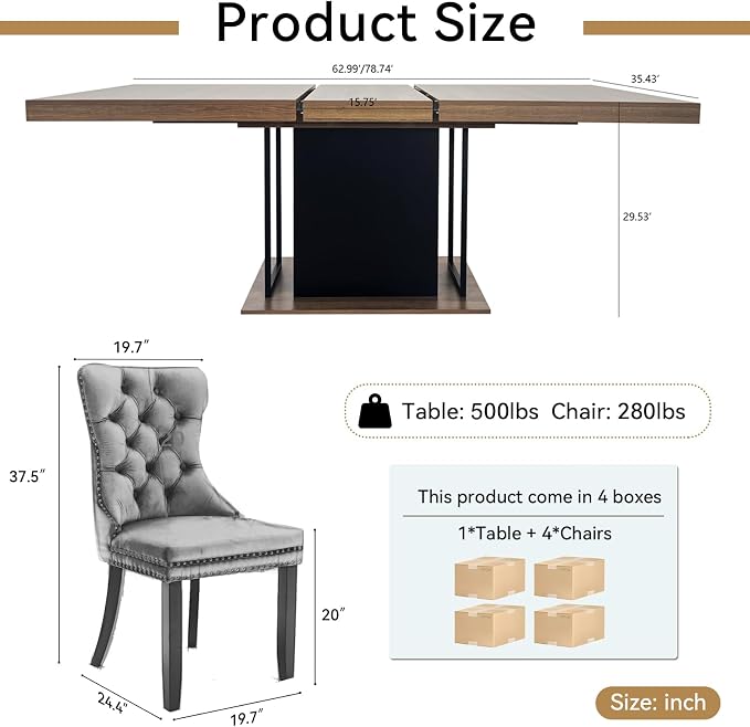 Henf 63"-79" Dining Table Set for 4, 5 Pieces Extendable Dining Table and 4 - Image 7