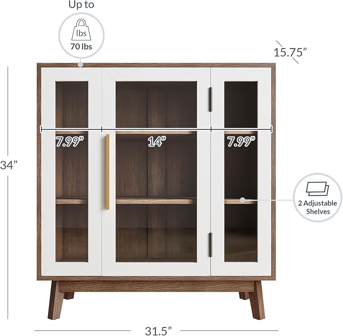 BELLEZE 31" Modern Display Curio Cabinet, 3-Tier White Storage Buffet - Image 2