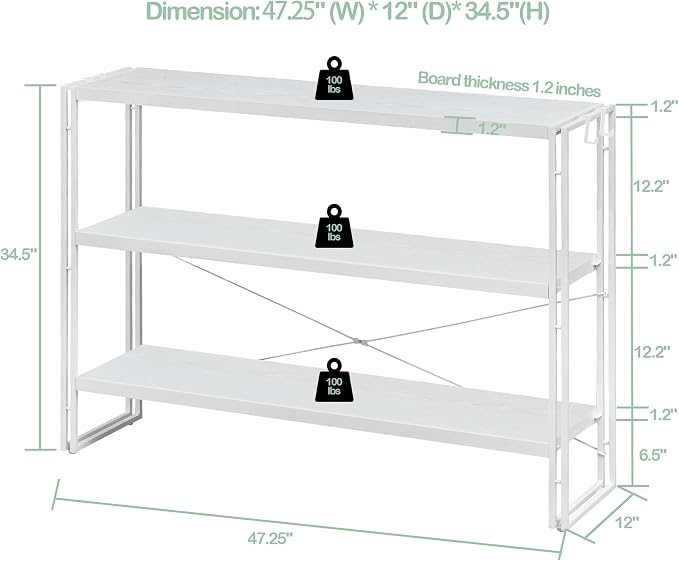 HCHQHS Bookshelf, 3-Tier Industrial Bookcase, Freestanding Horizontal - Image 3