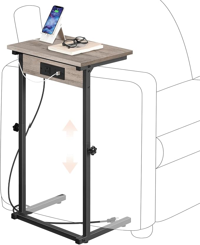 HOOBRO C-Shaped End Table with Charging Station, Adjustable Height Sofa Tray by HOOBRO