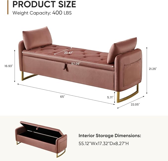 65" End of Bed Storage Bench, Modern Storage Benches - Image 2
