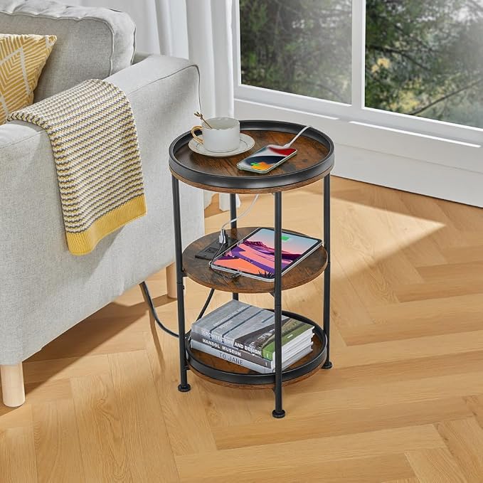 Dulcii Round Side Table with Charging Station, End Table with 3 Shelves - Image 2