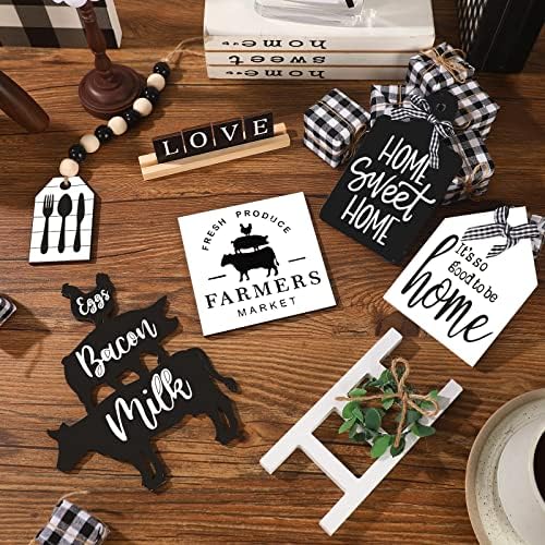 Fairysandy 11 Pcs Home Tiered Tray Decor Black White Rustic Wooden Signs - Image 5