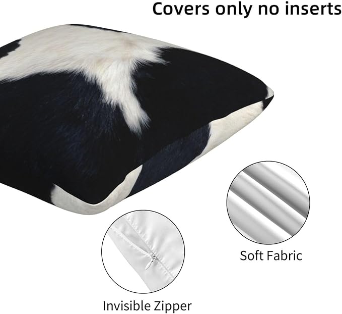 Western Cow Print Black and White Pillow Covers 20x20 Set of 2, Cowfur Print - Image 4
