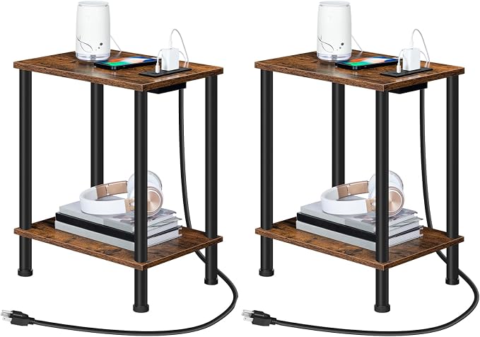 HOOBRO Side Table with Charging Station, Nightstand with 2-Layer Storage Shelves by HOOBRO