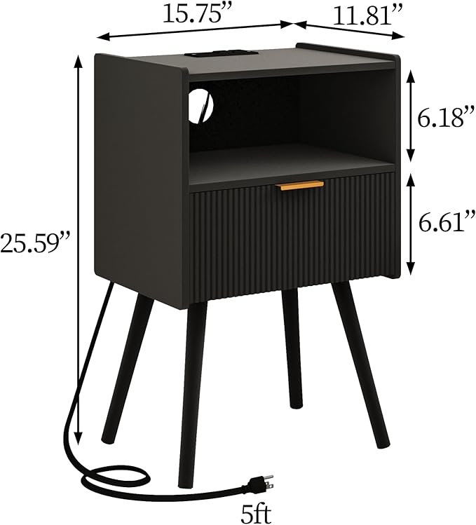 JOONEE Black Nightstand with Outlet, Modern Bedside Table with Storage Drawer - Image 2