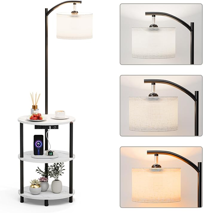 Round Side Table with Lamp and USB Ports, 3-Tier Small End Table by RISWER
