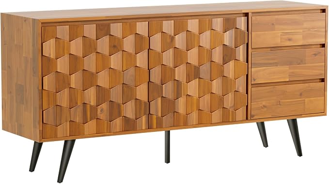Bme Sideboard Georgina Solid Wood 2 Doors & 3 Drawers, Living Room, Teak Brown - Image 7