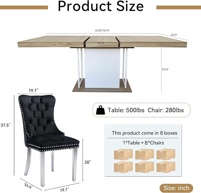 Henf 63"-79" Dining Table Set for 8, 9 Pieces Extendable Dining Table and 8 - Image 7