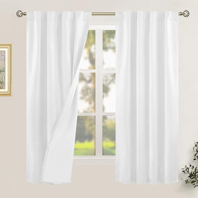White 100% Blackout Linen Bedroom Curtains 63 Inches 2 Panels | Neutral Drapes by LAMIT