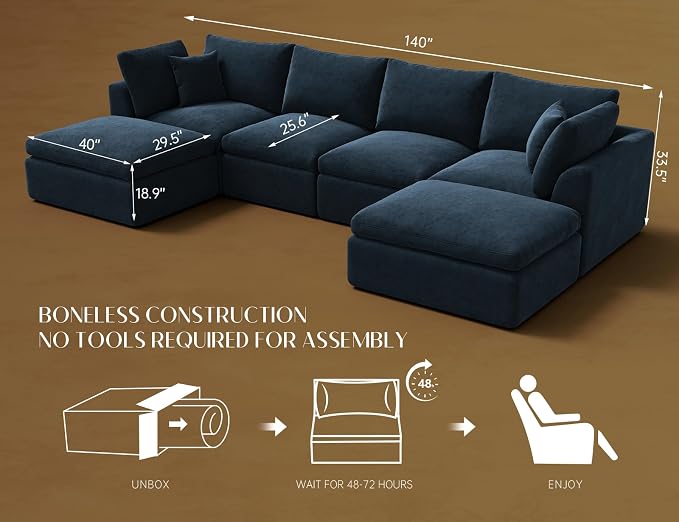 ohllob 140" U Shaped Couch, Cloud Sectional Couches - Image 2